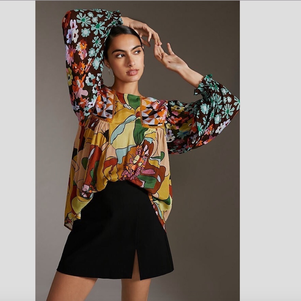 BL^NK LONDON Anthropologie Miranda Floral Peasant Top Blouse India